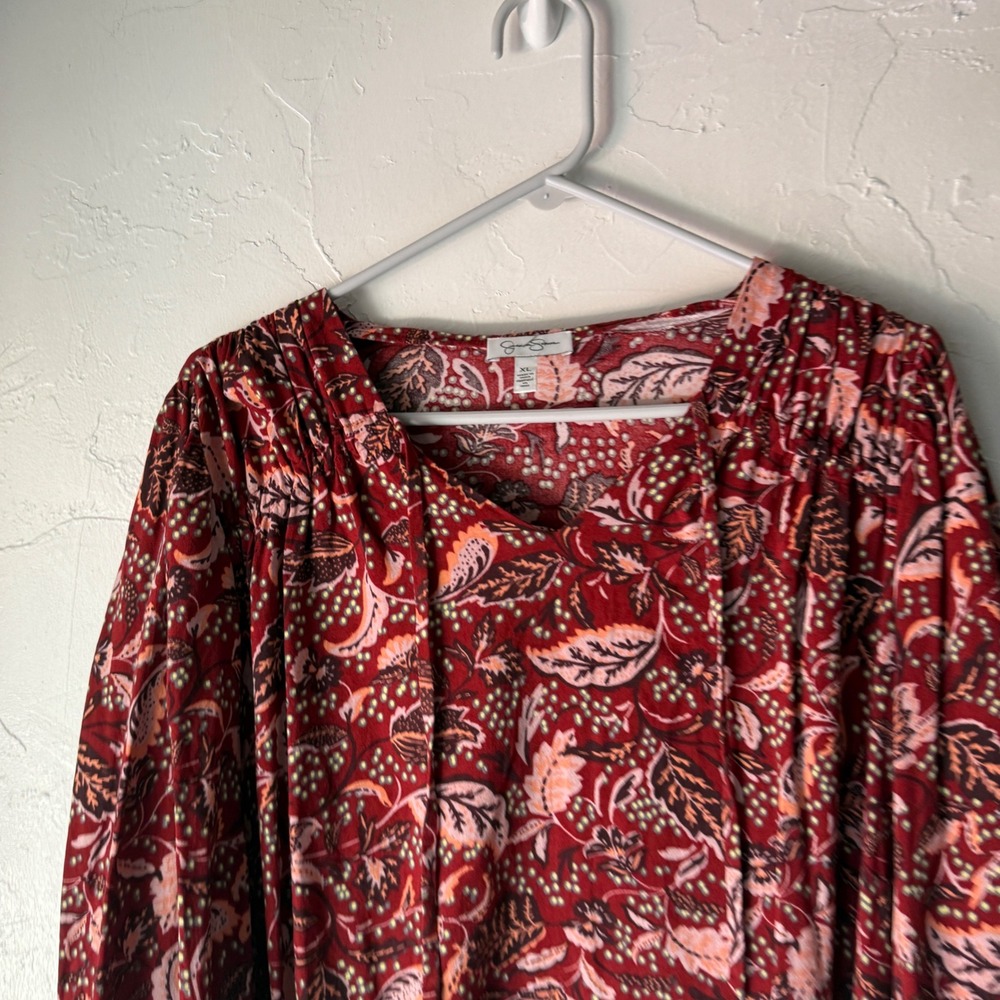 Jessica Simpson Burgundy Floral Print Tassel Neck Long‎ Slv Blouse XL Fall Boho - Picture 2 of 7